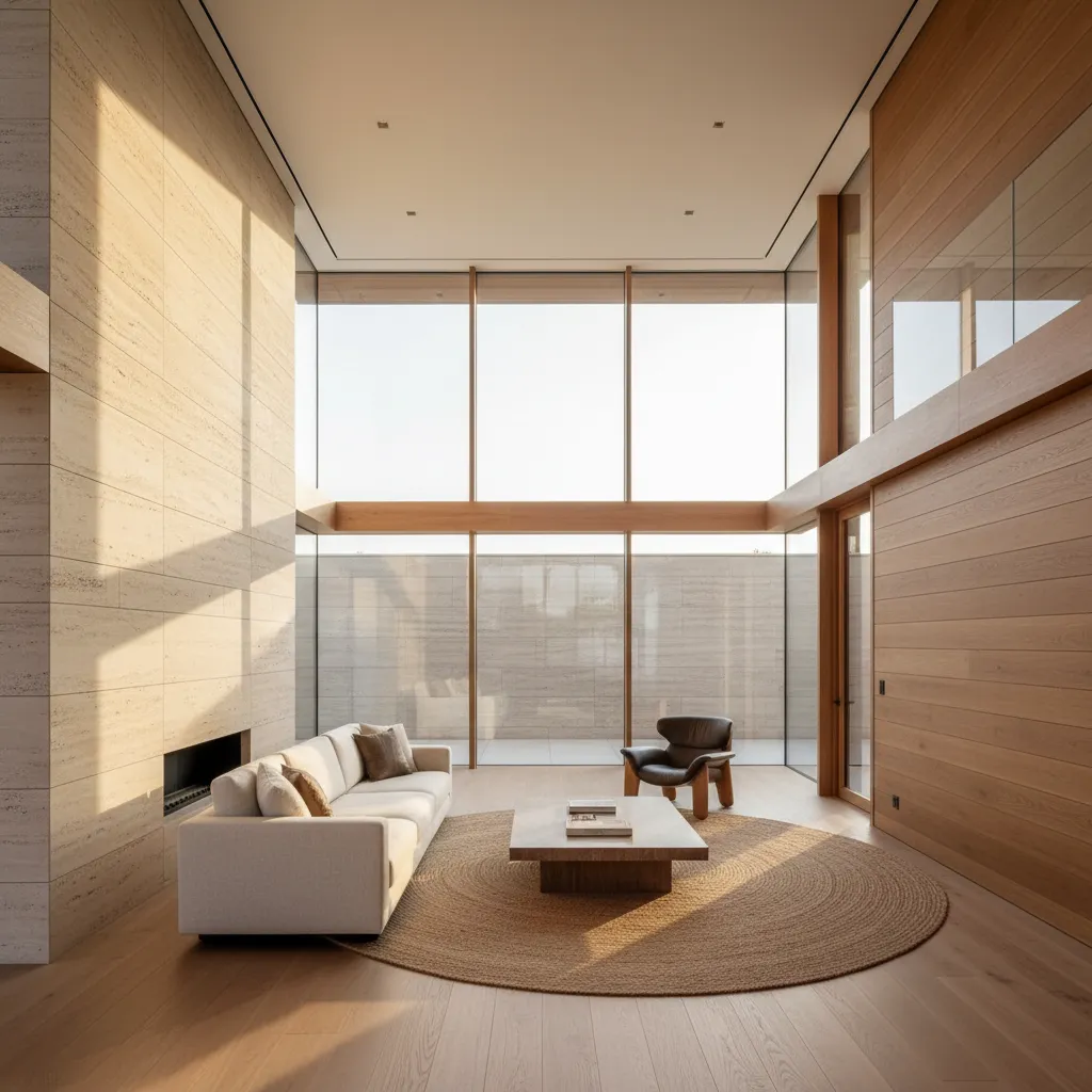 Interior de casa moderna con grandes ventanas y materiales naturales