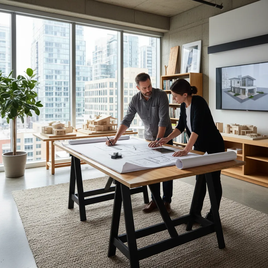 Arquitecto revisando planos de una casa en mesa de trabajo