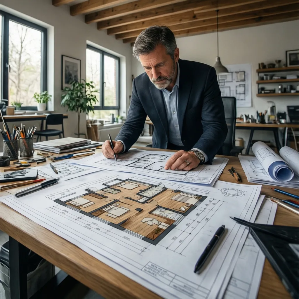 Arquitecto revisando planos de una casa en una mesa de trabajo.