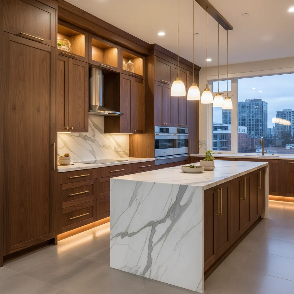 Diseño de cocina moderna con distribución funcional y materiales elegantes