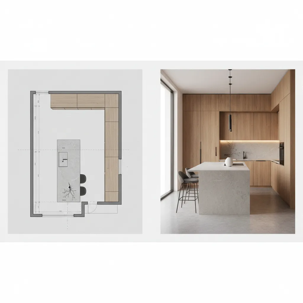 diseño de cocina moderna visto en plano y render