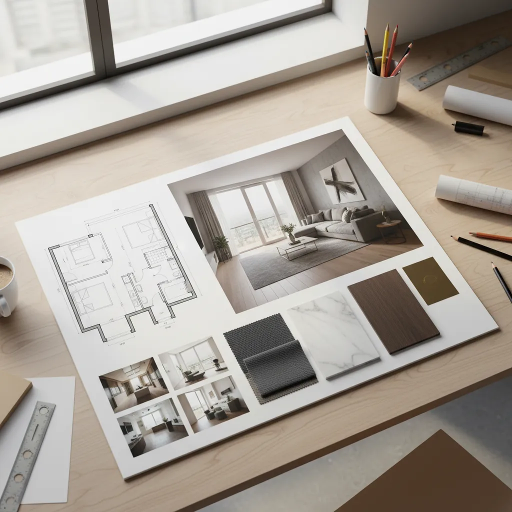 Interior design board on desk showing floor plan interior design drawing and various material samples