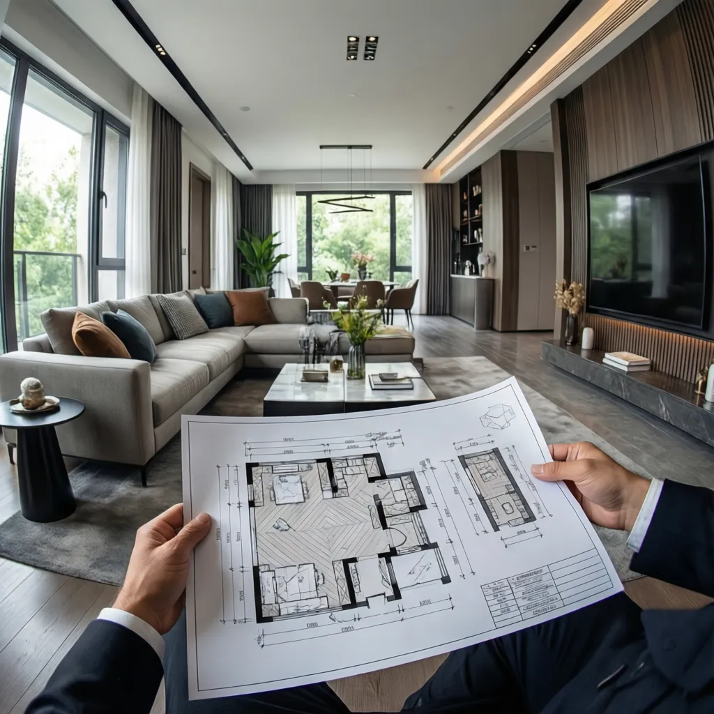 Diseñador revisando el diseño de un salón moderno con planos en mano