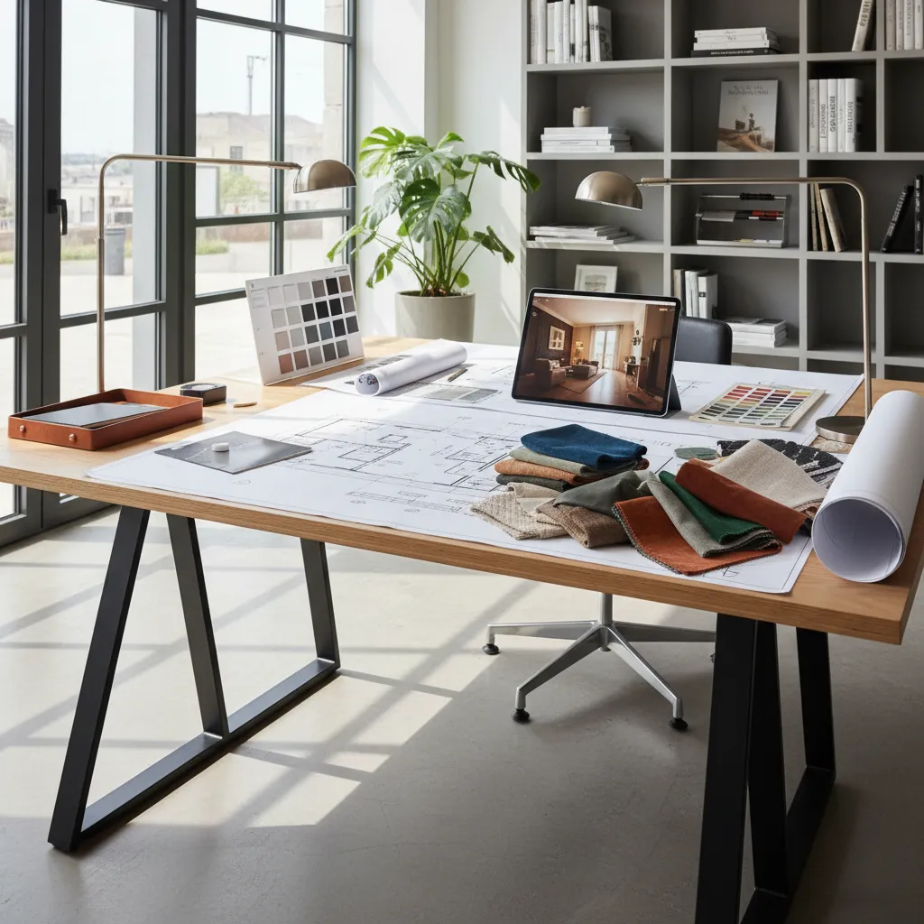 Interior design workspace with paper floor plans fabric samples tablet table lamps and wooden desk