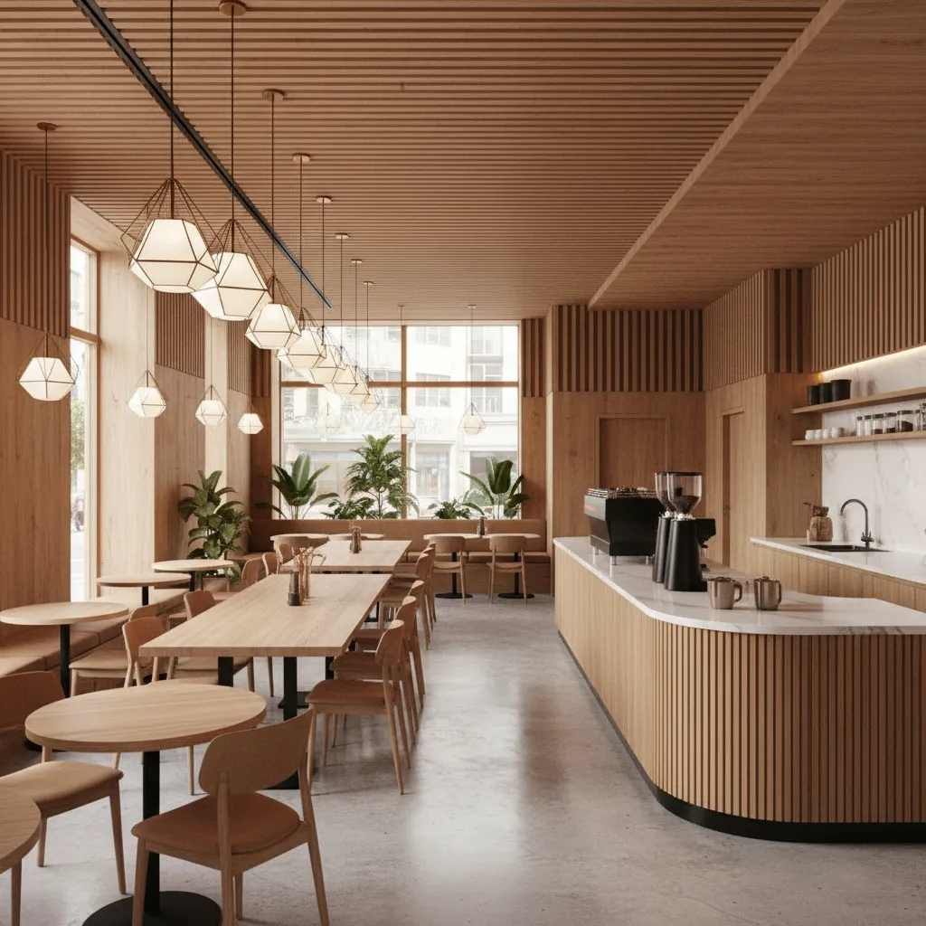 Proyecto conceptual de diseño interior para cafetería moderna
