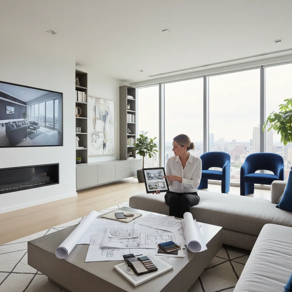 Woman sitting on sofa holding tablet showing design beside room layout drawings and material samples