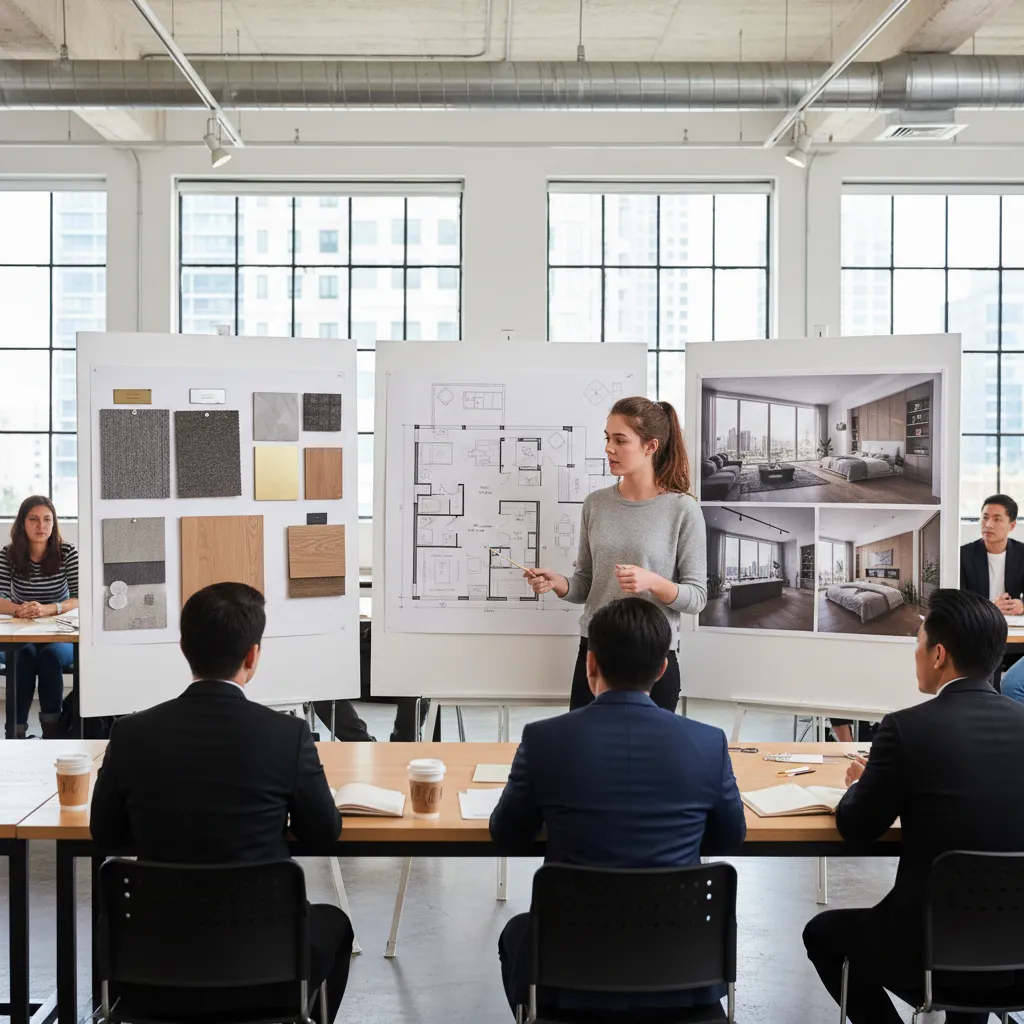 Estudiante presentando un proyecto de diseño interior con paneles y planos