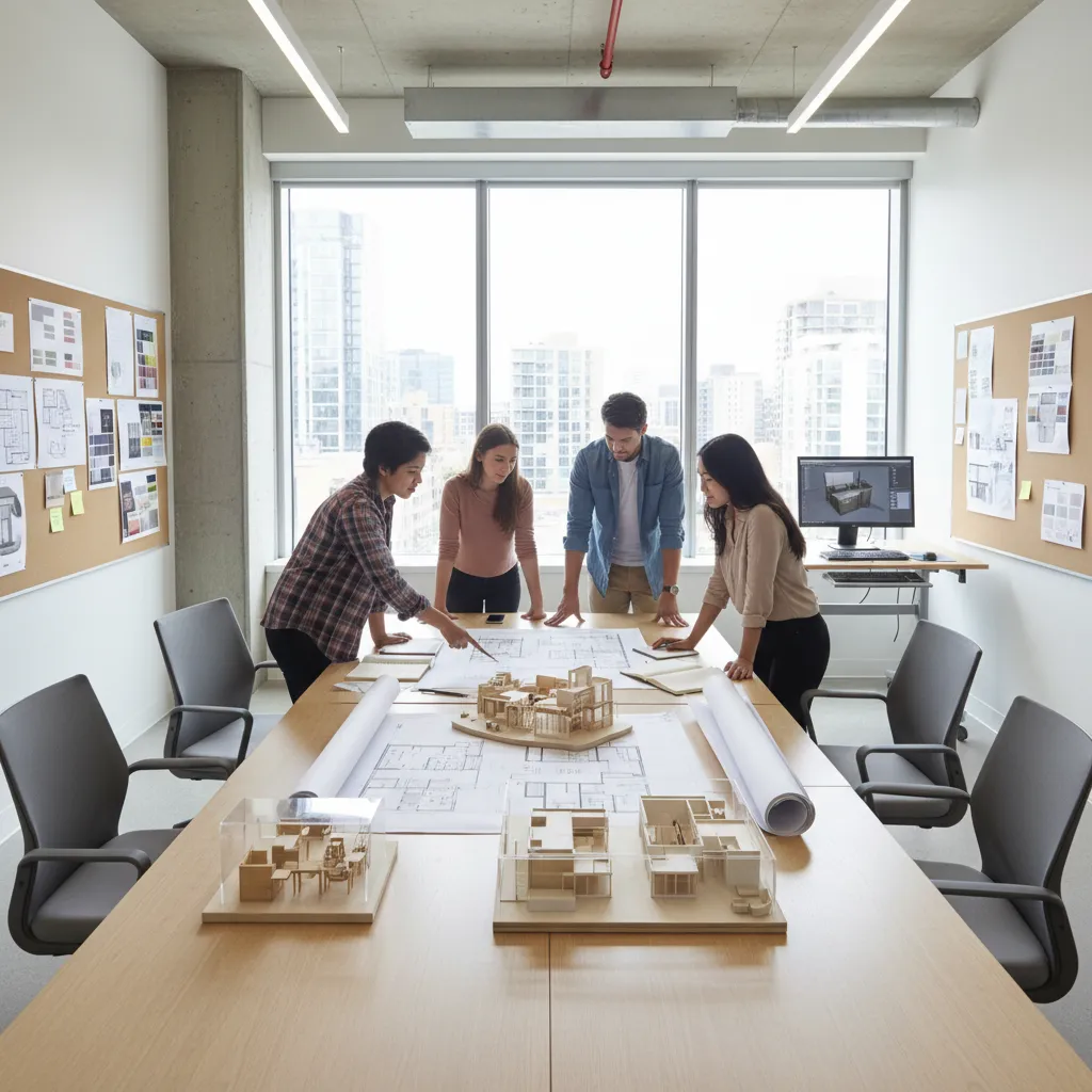 Estudiantes analizando planos y maquetas de diseño interior en una mesa de trabajo