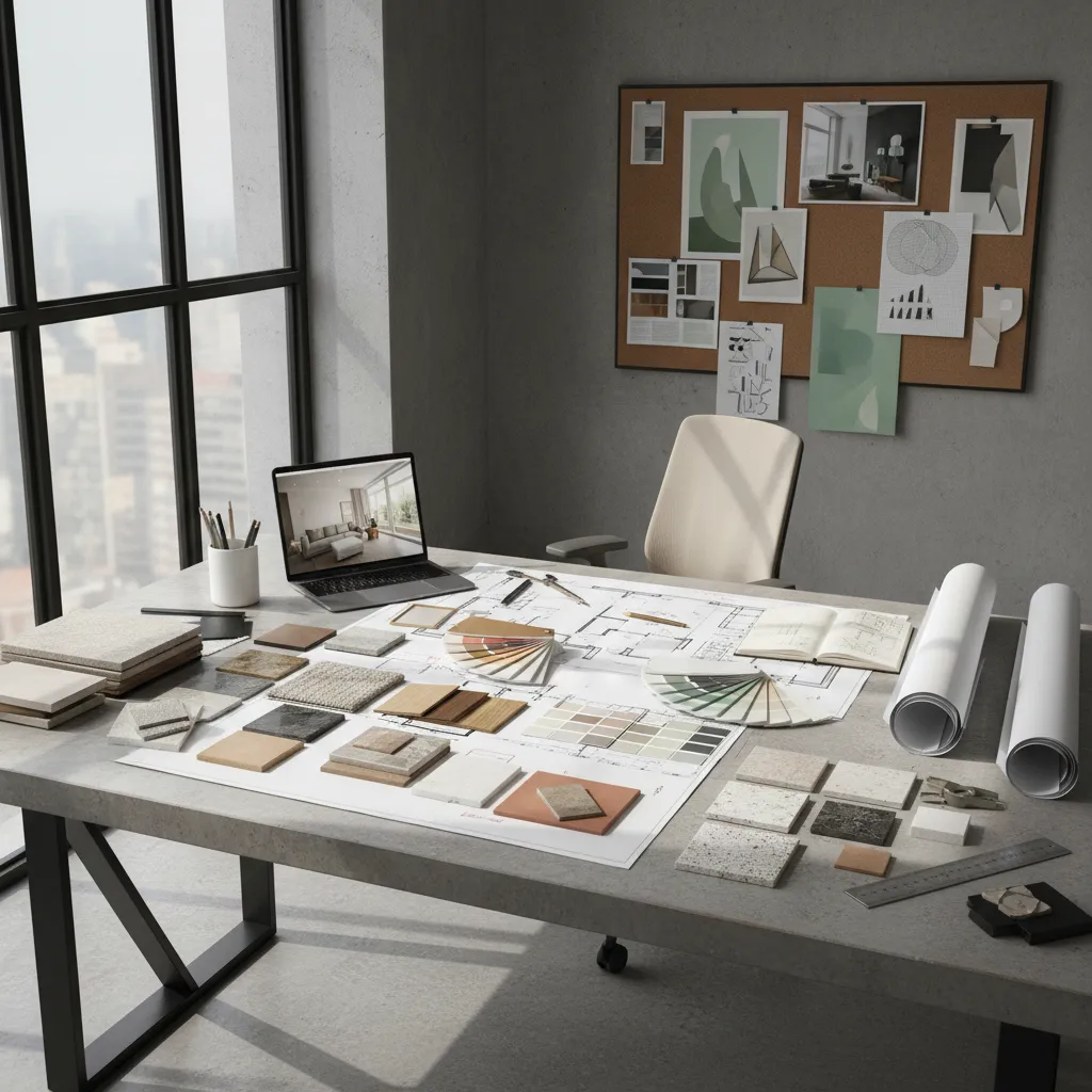 Mesa de trabajo con muestras de materiales y planos de diseño interior