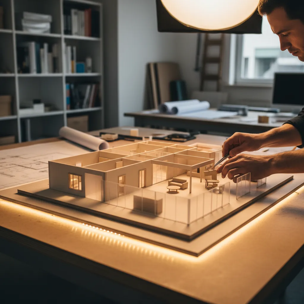 Maqueta de un proyecto de interiorismo sobre mesa de trabajo