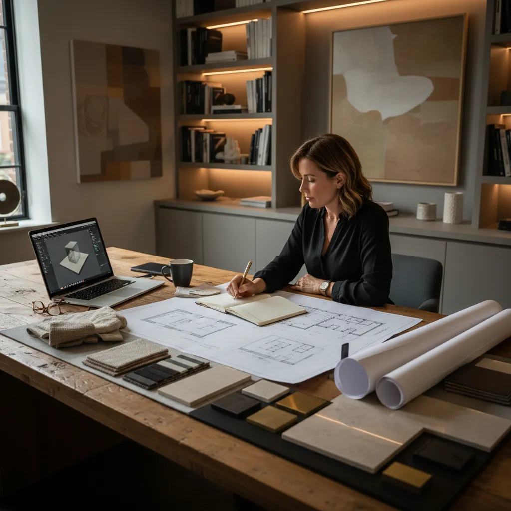 diseñador revisando un proyecto de interiorismo residencial en un estudio