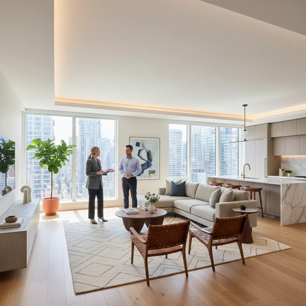Modern living room with sofa and people talking near large windows with a city view.