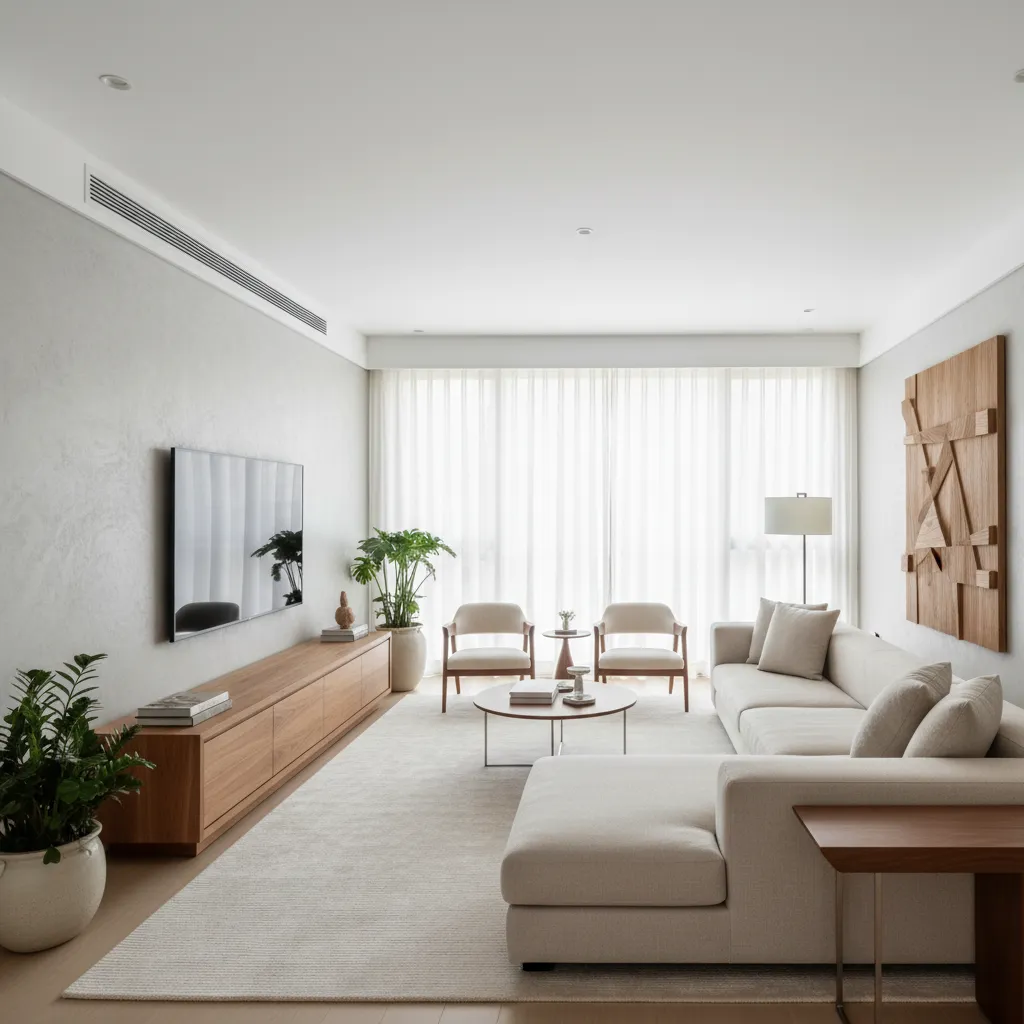 Modern living room with white sofa wood cabinet wall TV green plants and white rug