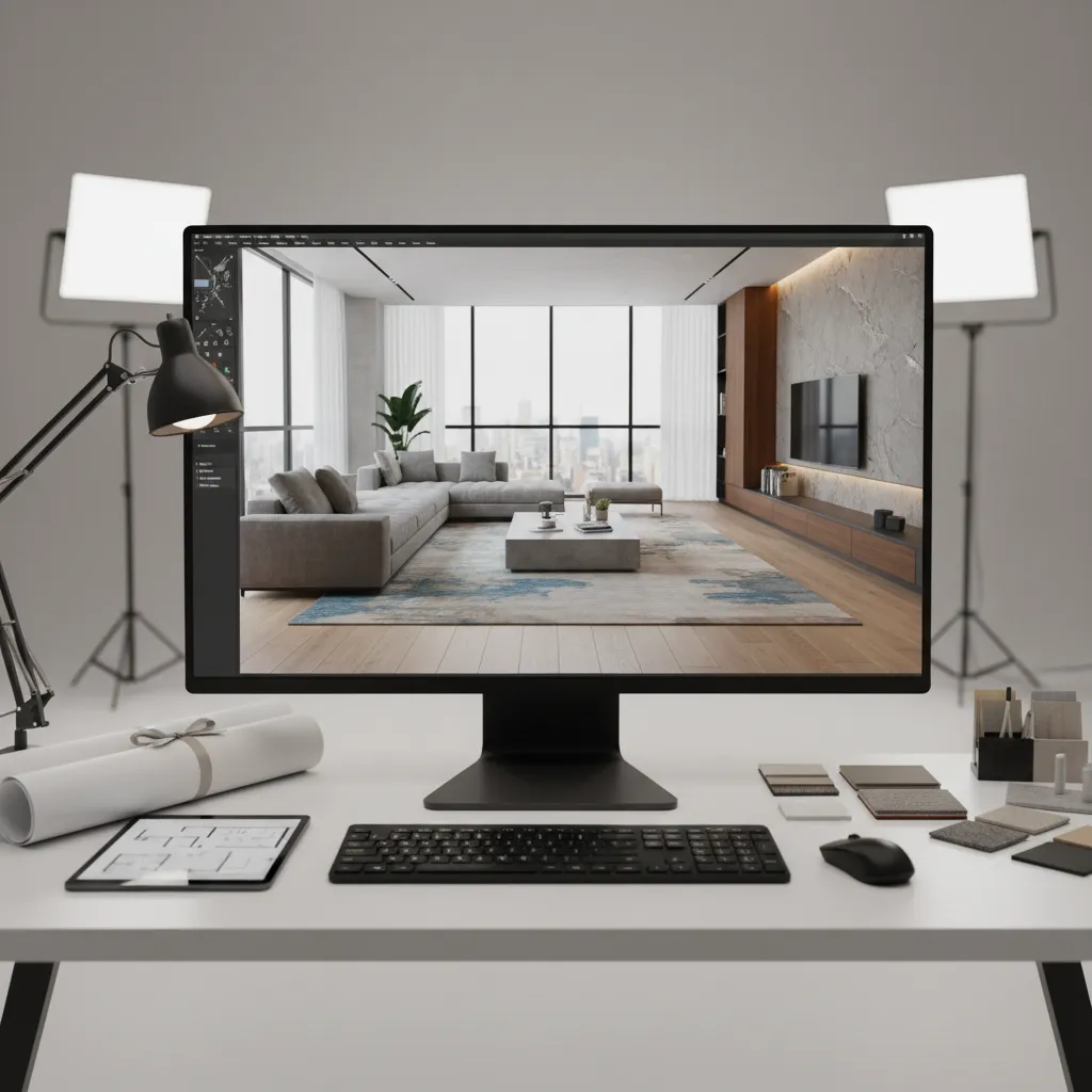 Computer monitor displaying a living room design on a white desk with keyboard and samples