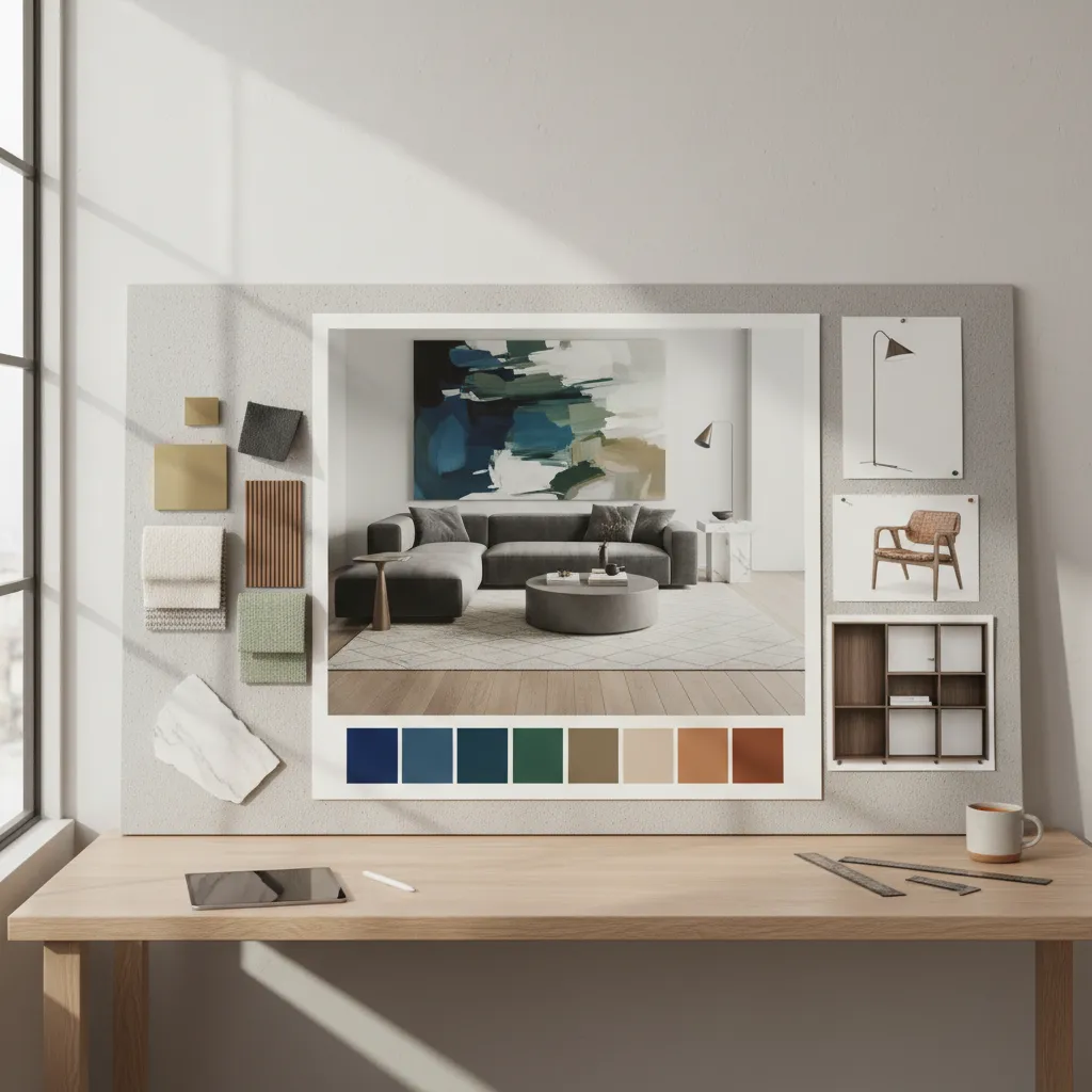 Interior design mood board with living room photo color swatches and fabric samples on desk