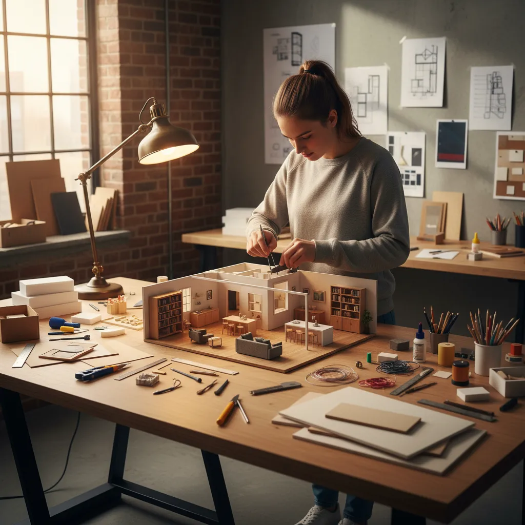 estudiante creando maqueta de diseño interior