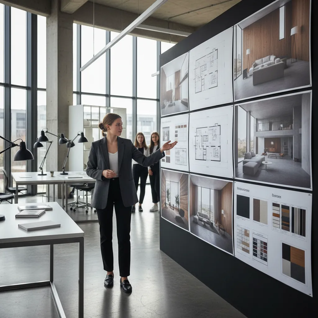 Estudiante presentando un proyecto de diseño de interiores con planos y renders