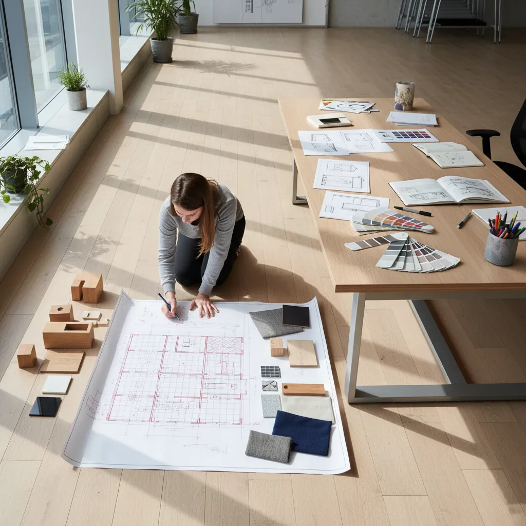 Estudiante creando un proyecto de diseño de interiores con planos y materiales