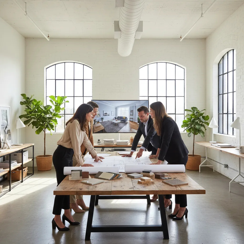 Diseñadores revisando un proyecto de interiorismo en un estudio