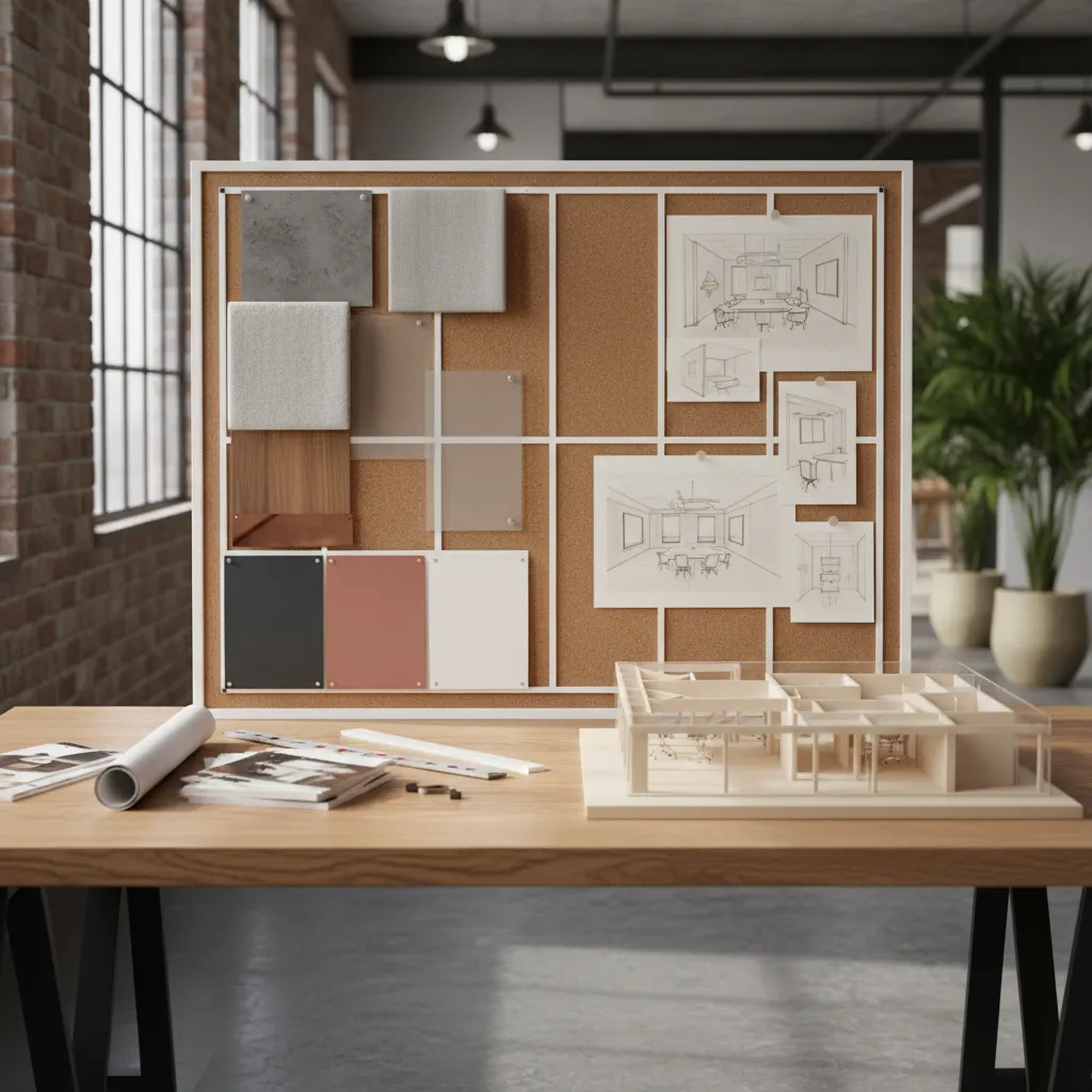 Maqueta arquitectónica y tablero de materiales para un proyecto de interiorismo