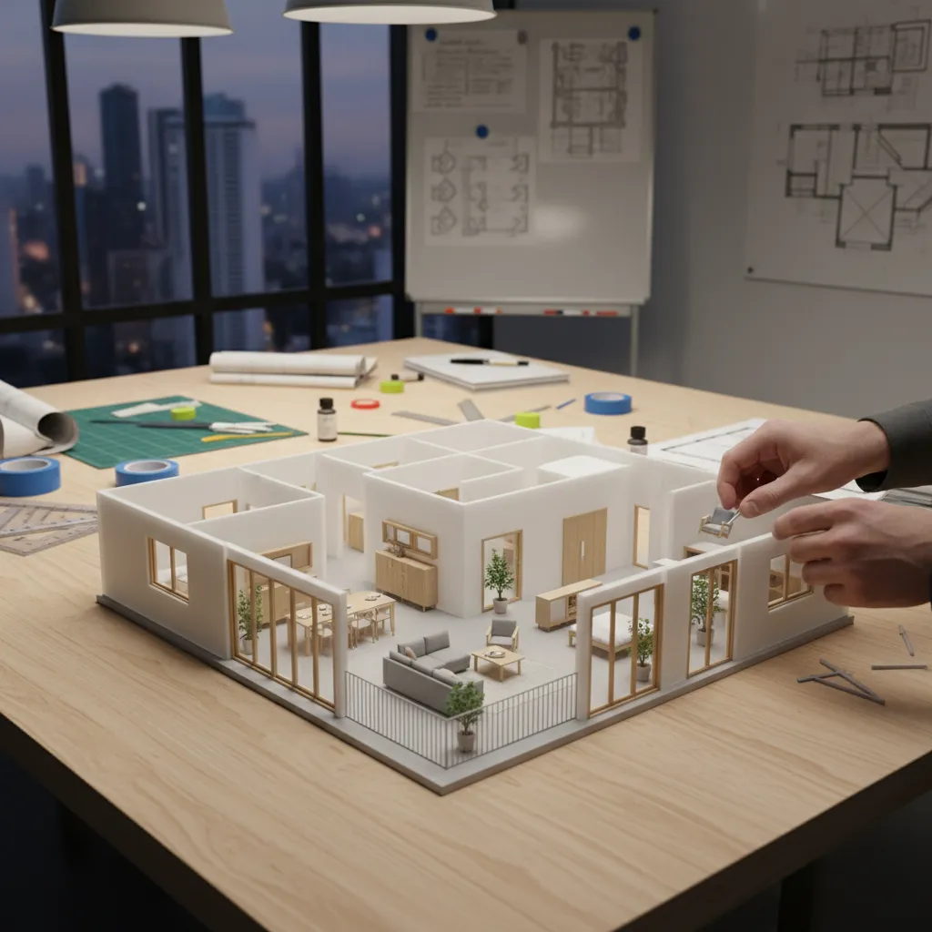Hands placing miniature furniture into a white 3D scale model of a modern apartment layout