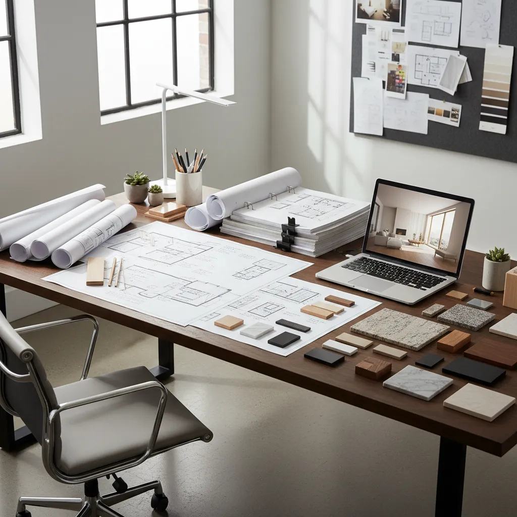 Desk with floor plans rolled drawings laptop showing room design and various material color samples