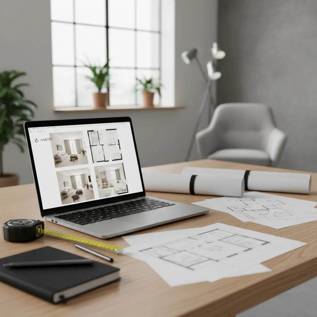 Home workspace planning desk with laptop floor plans and measuring tape