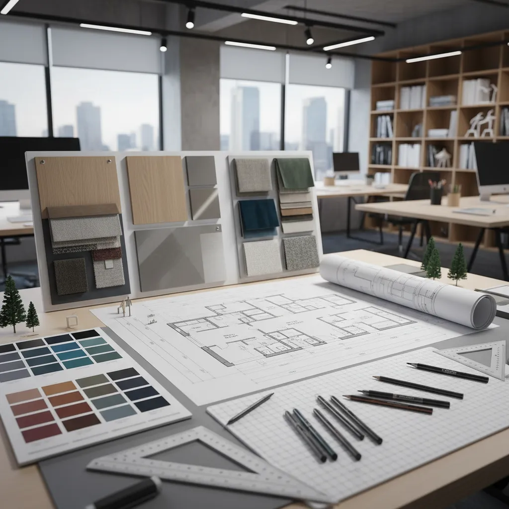 Planos de distribución de vivienda con muestras de materiales sobre mesa de trabajo