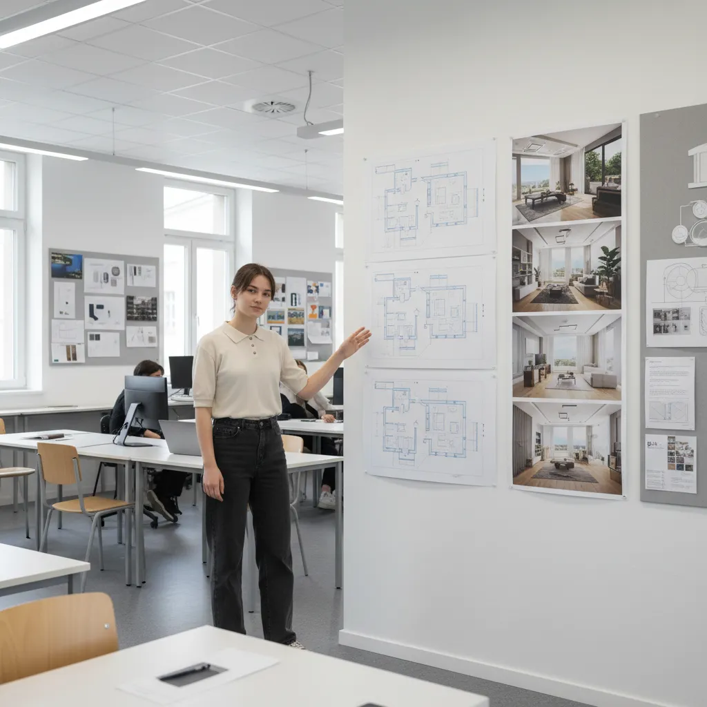 Estudiante presentando un proyecto de diseño de interiores con planos y renders