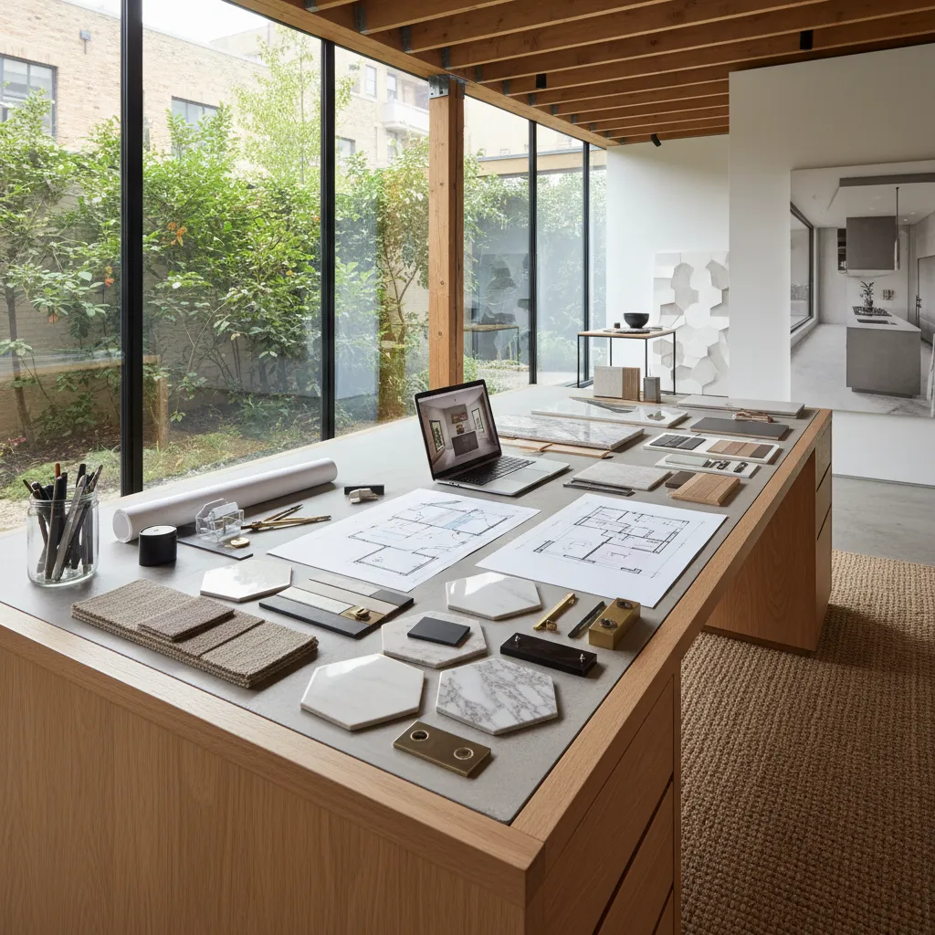 Large desk with floor plans material samples laptop and pens in a bright sunlit office