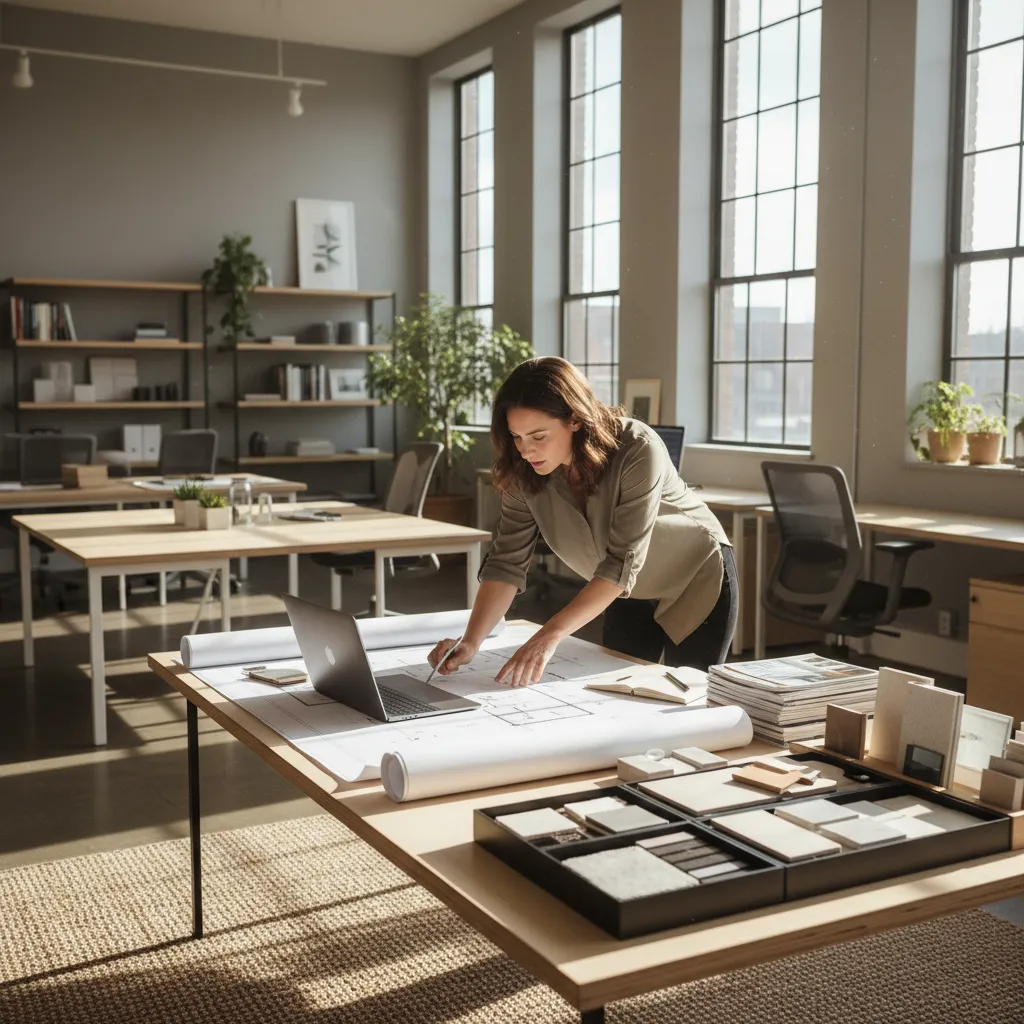 Designer working on large interior design drawing at a desk with laptop and material samples