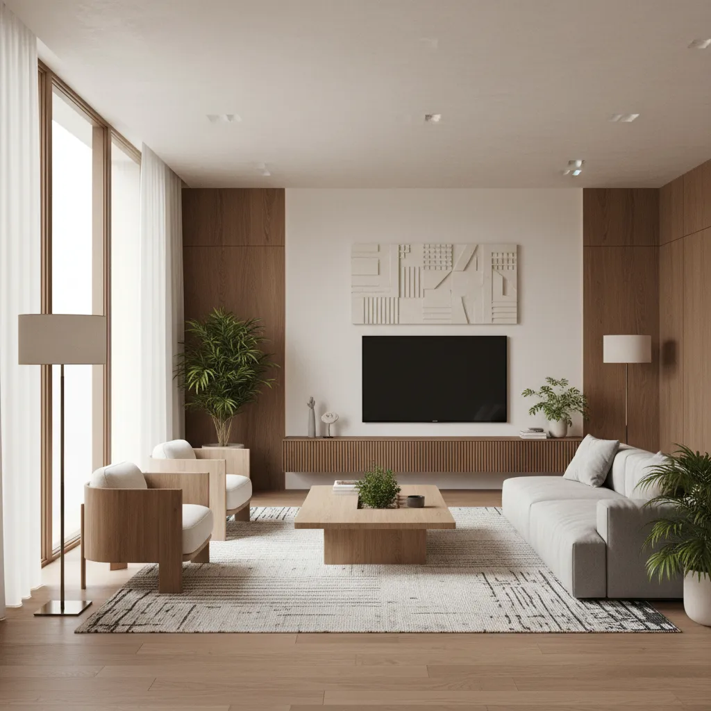 Render de sala moderna diseñado por interiorista