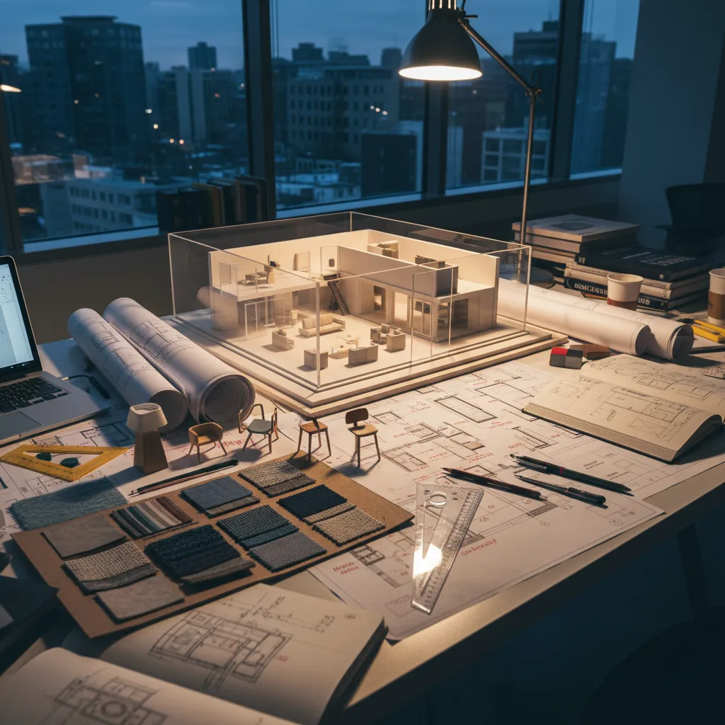Interior design desk at night with house model, fabric samples, room layout drawings, and lamp