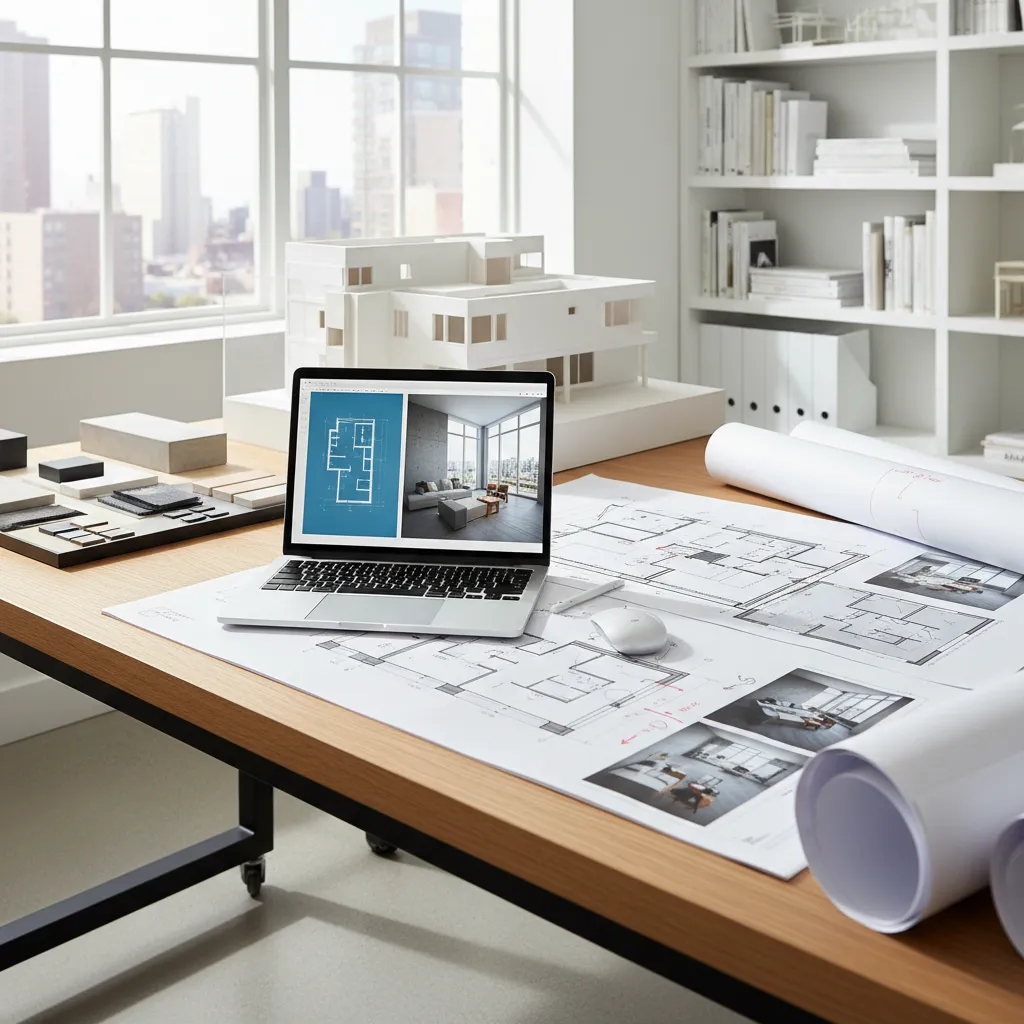 Proyecto de diseño de interiores con planos y renders en pantalla