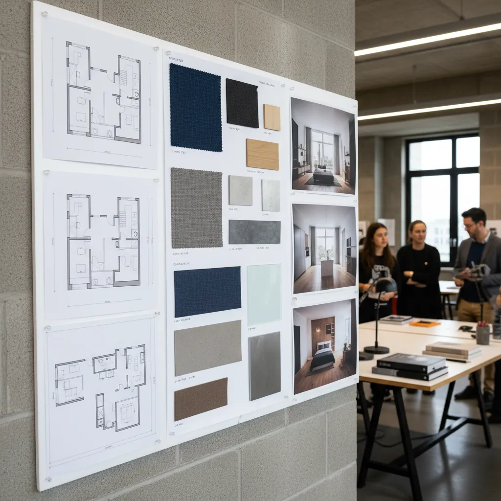 Panel de presentación de proyecto de diseño de interiores de estudiante