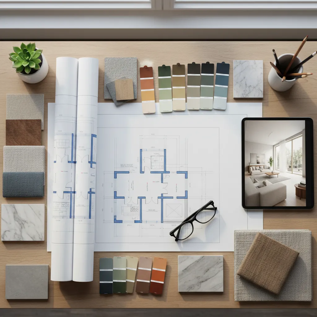 Proyecto de interiorismo con planos, muestras de materiales y tablet