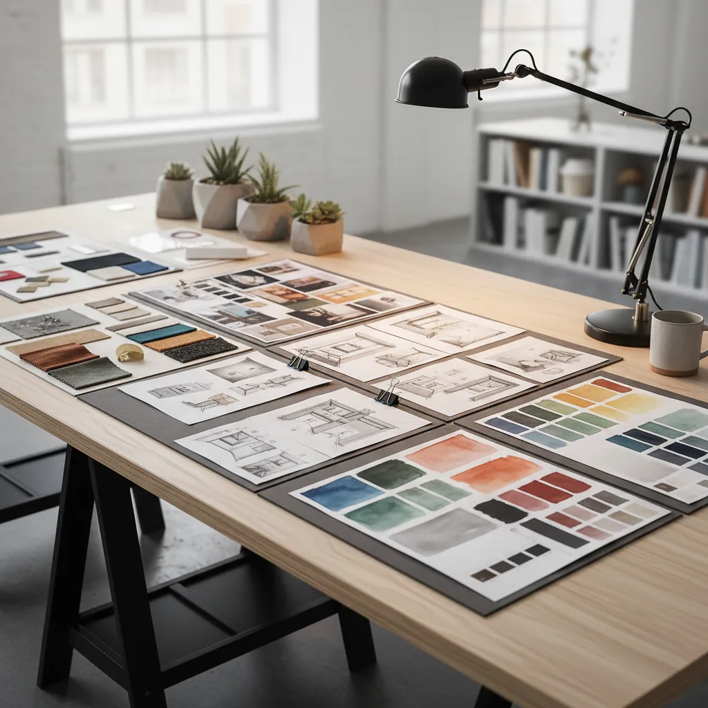 Proyecto conceptual de interiorismo con paneles de materiales y bocetos