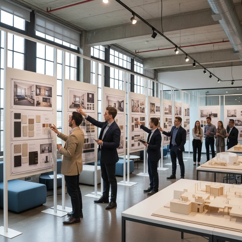 Presentación final de proyecto de diseño de interiores con paneles y renders