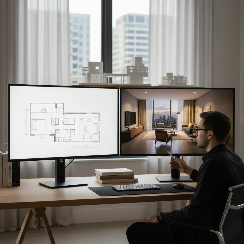 Designer sitting at desk with monitors showing 2D floor plan and 3D interior design drawing