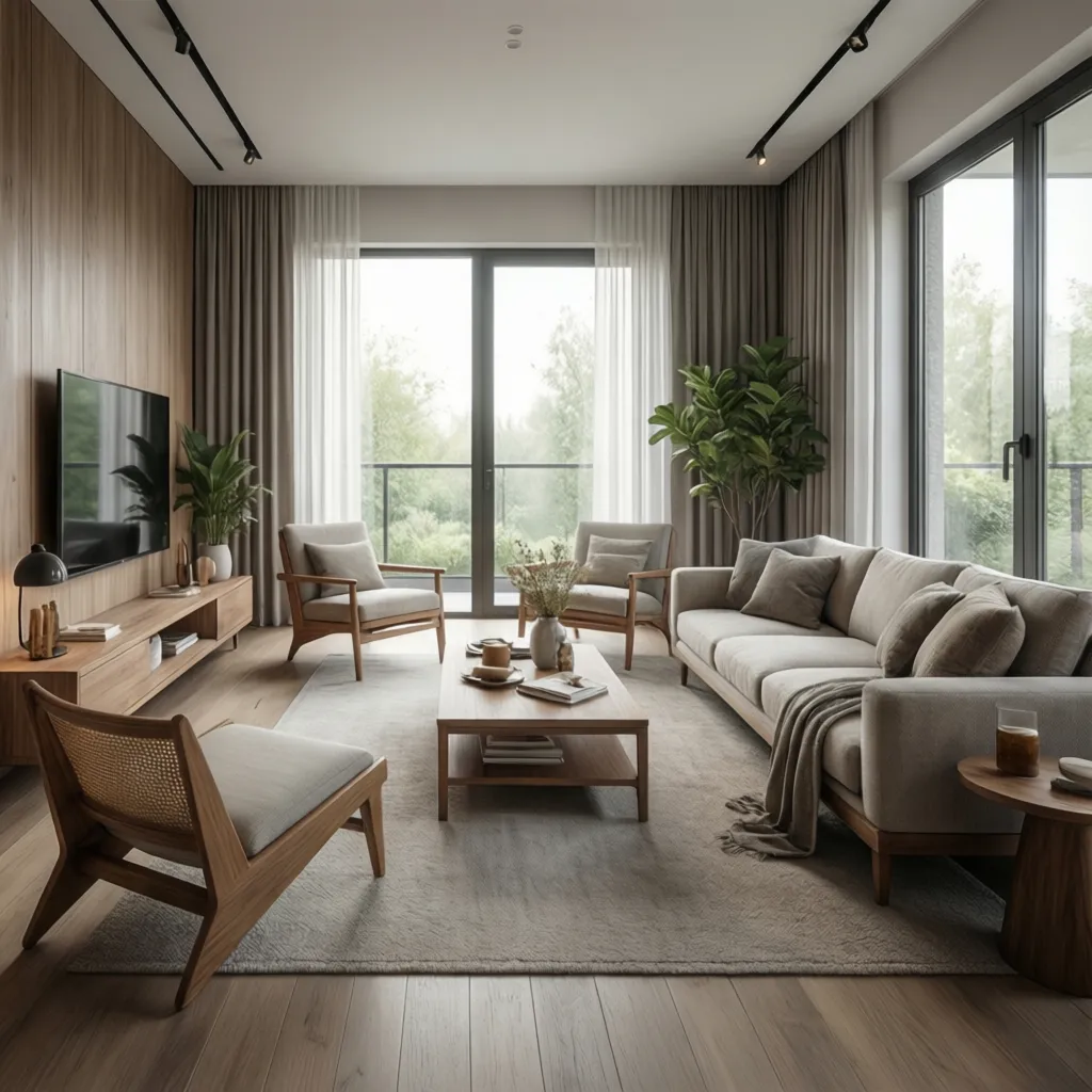 Renderizado 3D realista de salón moderno antes de construcción