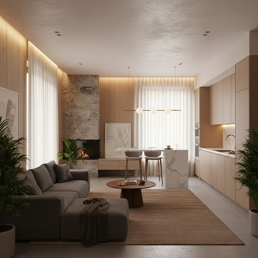 Modern interior design drawing of a living room with grey sofa fireplace and marble island
