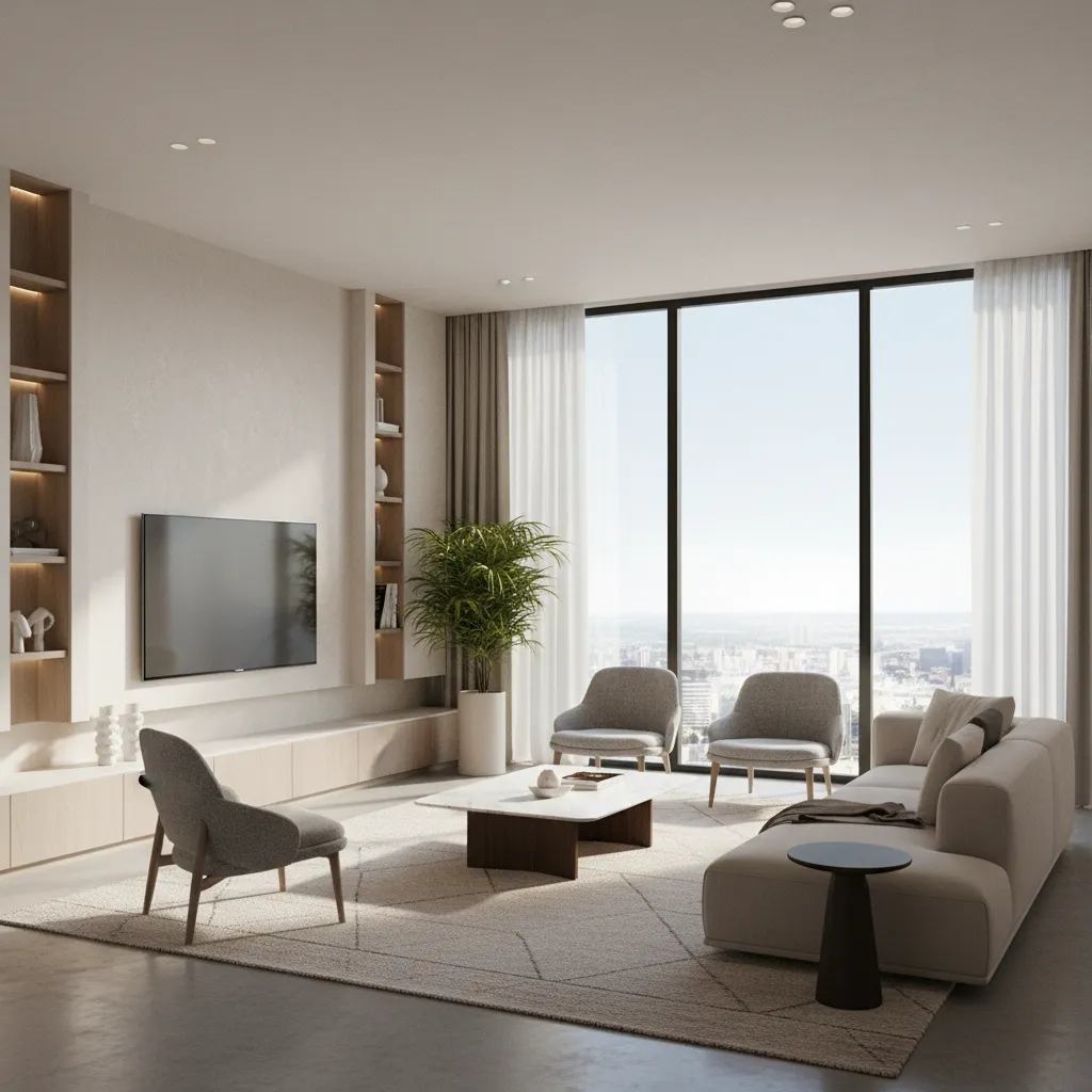render realista de sala moderna diseñado por estudiante de interiores