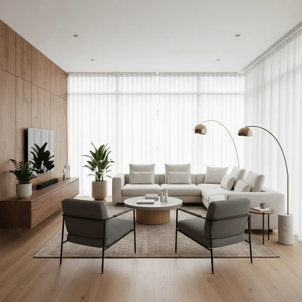 Sala moderna bien diseñada con buena iluminación y distribución