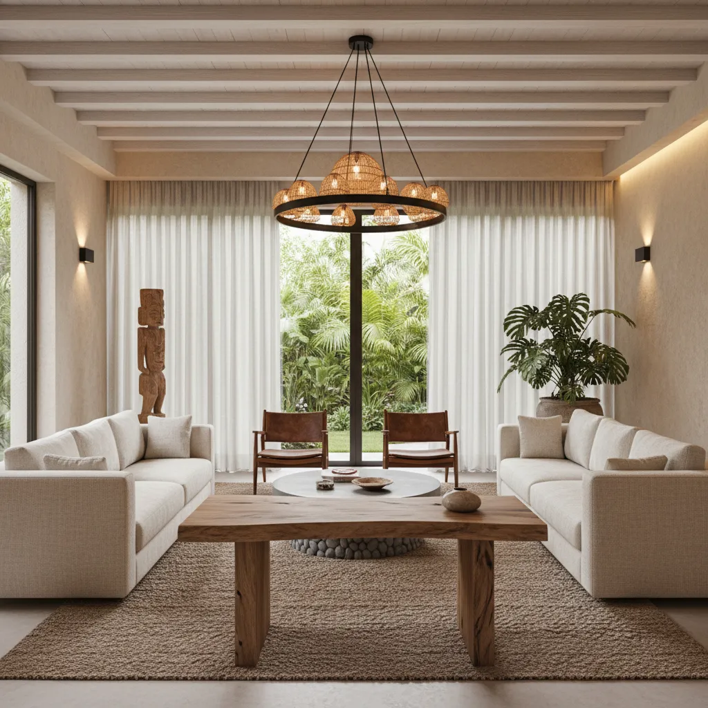 Modern tropical living room with white sofas, wooden coffee table, large ceiling light, and green plants