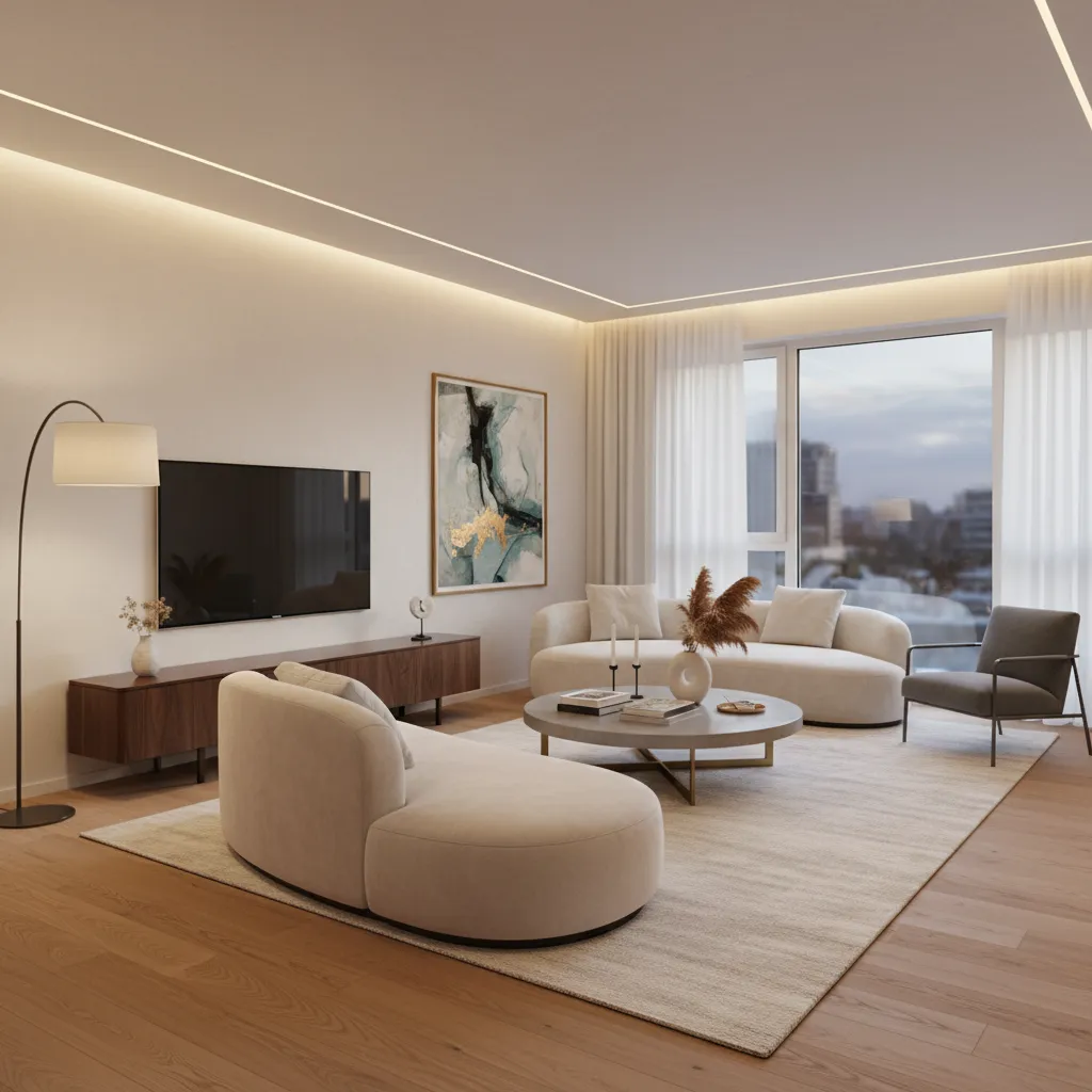 Sala moderna terminada como resultado de un proyecto de interiorismo