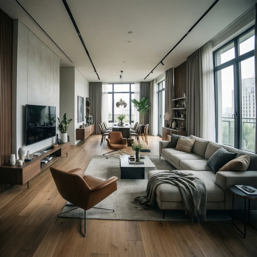 Modern open plan living room with grey sofa brown leather chairs dining area and windows