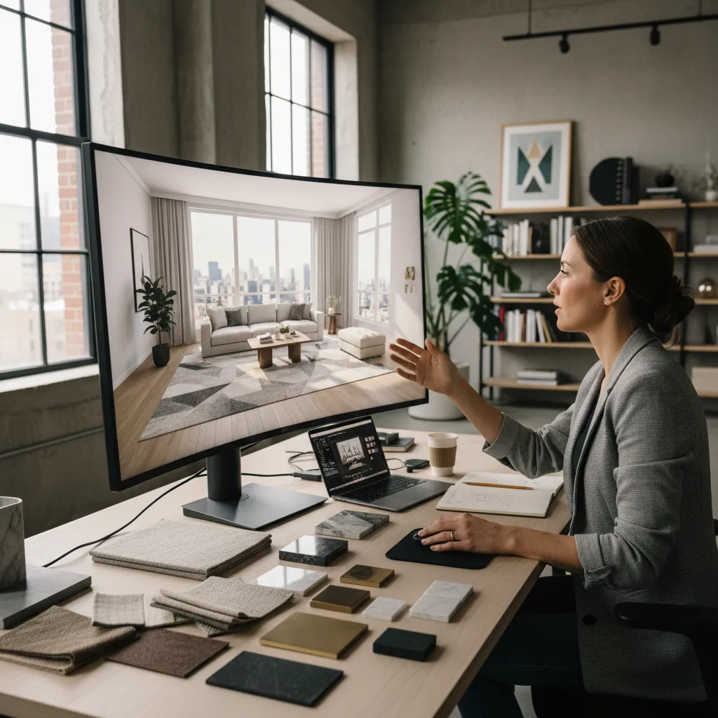 Interiorista revisando renders y materiales para un proyecto residencial