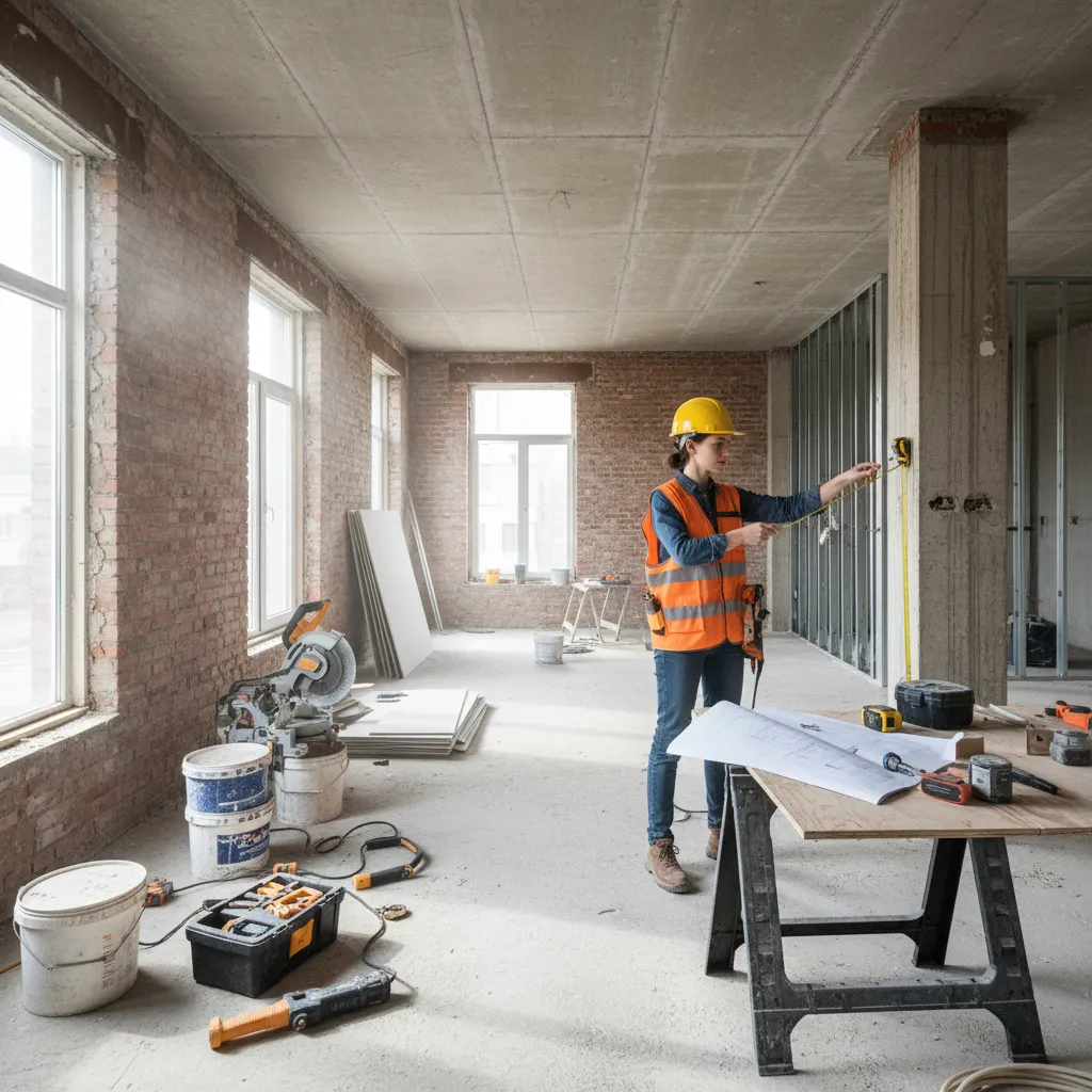 Diseñador de interiores revisando medidas en una obra residencial