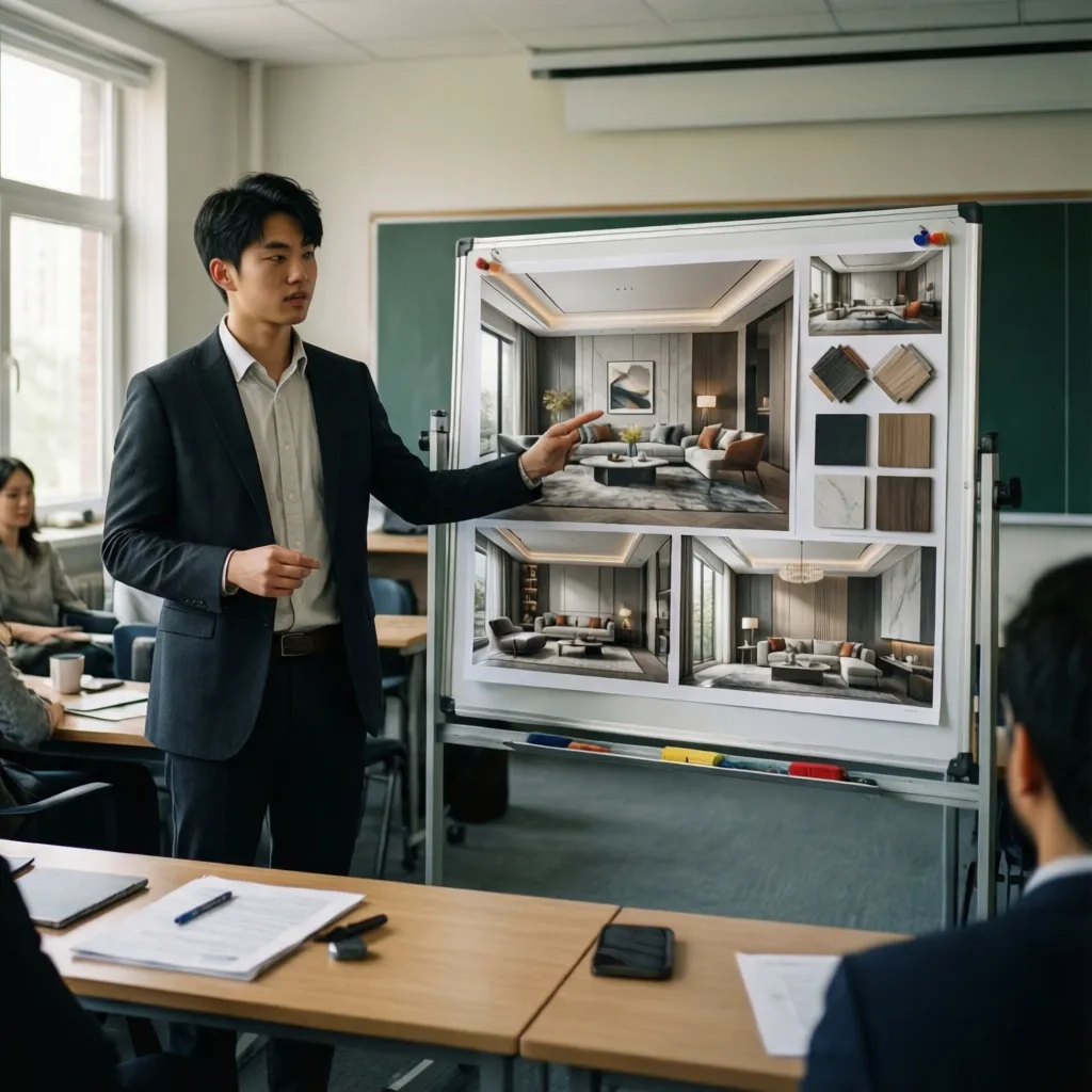 Estudiante presentando un proyecto de diseño de interiores
