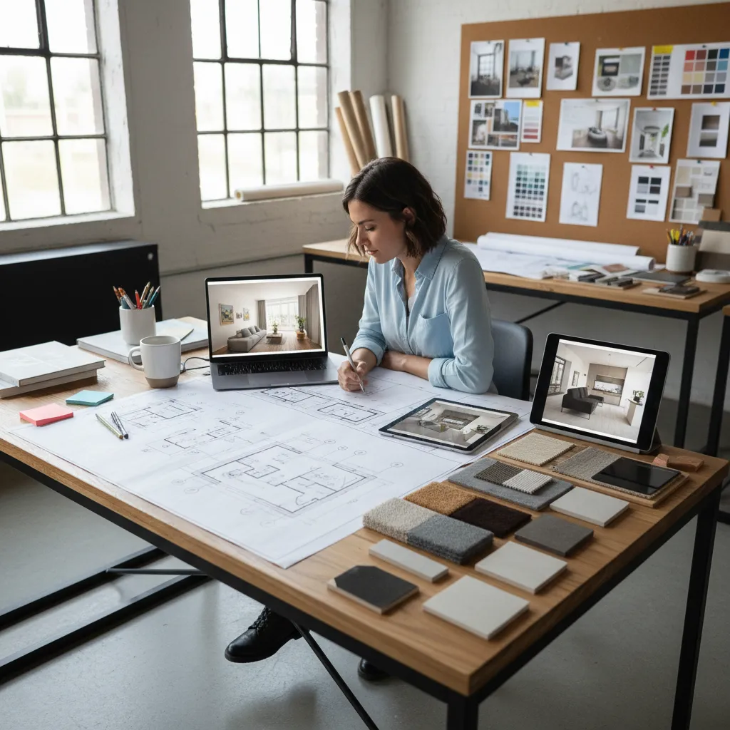 Estudiante revisando un proyecto de interiorismo con planos y renders